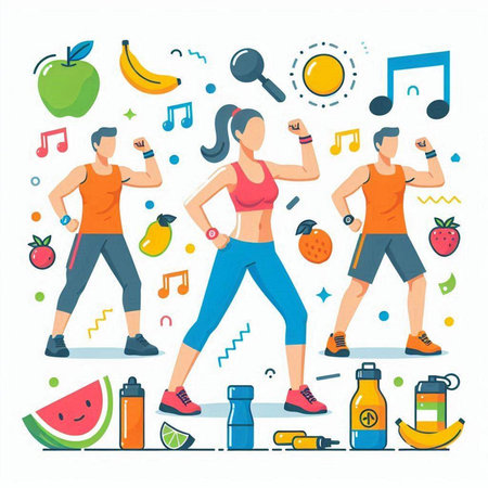 Fitness and healthy lifestyle. Vector illustration in flat cartoon style.のイラスト素材