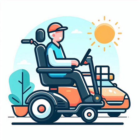 Man driving a lawnmower on a sunny day. Vector illustrationのイラスト素材