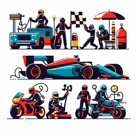 Set of racing cars and motorcycles. Vector illustration in retro style.のイラスト素材
