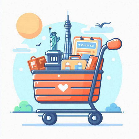 Cartoon illustration of shopping cart with travel items. Travel and tourism concept.のイラスト素材