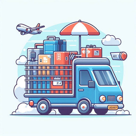 Cargo truck with luggage. Vector illustration in flat cartoon style.のイラスト素材