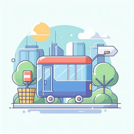 Public transport vector illustration in flat design style. Modern city bus on the background of the city.のイラスト素材