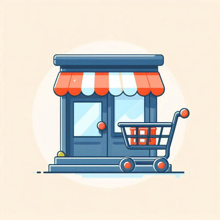 Shopping cart in front of a store. Flat vector illustration.のイラスト素材