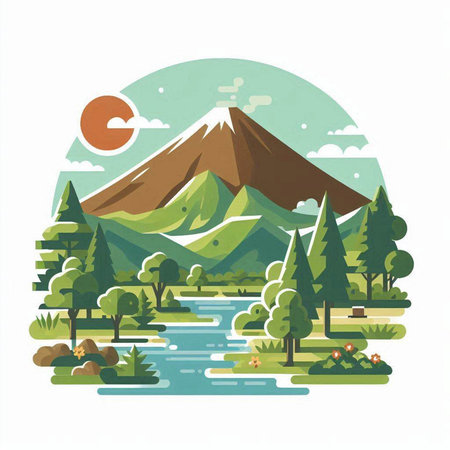 Mountains, forest and river in flat style. Vector illustration.のイラスト素材