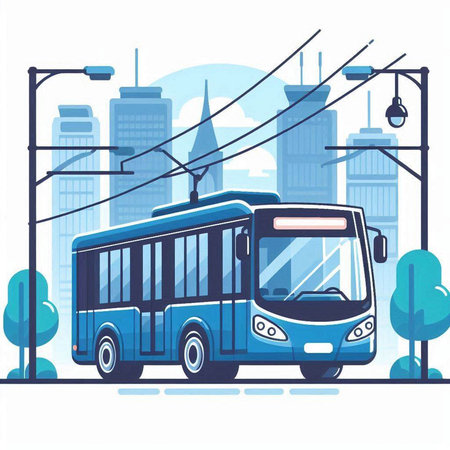 City bus on the background of the city. Vector illustration in flat styleのイラスト素材