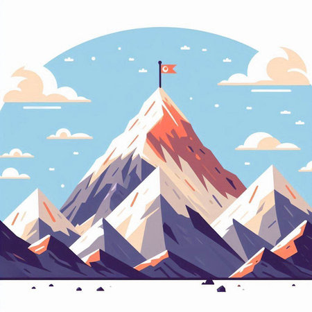 Mountains with flag on top. Vector illustration in a flat styleのイラスト素材