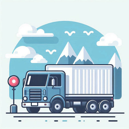 Vector illustration of a truck in a flat style on the background of mountains.のイラスト素材