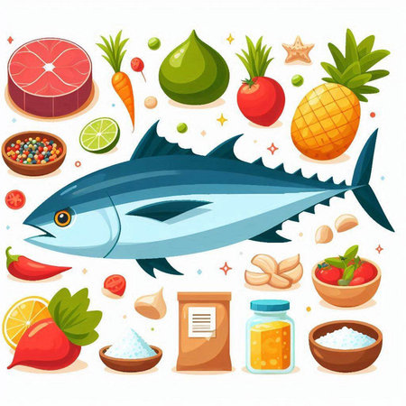 Tuna fish and ingredients. Vector illustration in flat cartoon style.のイラスト素材