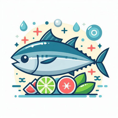Vector illustration of tuna fish with lime, lemon and water drops.のイラスト素材