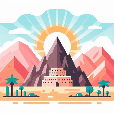 Egyptian pyramids with sun and palm trees. Vector illustration.のイラスト素材