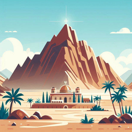Egyptian Landscape with Mountains, Mosque and Palm Trees. Vector Illustrationのイラスト素材