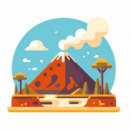 Volcanic eruption flat vector illustration. Landscape with volcano.のイラスト素材