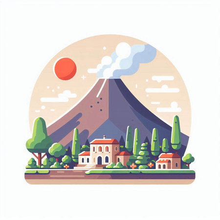 Volcano eruption flat color vector illustration. Landscape with volcano and village on background.のイラスト素材