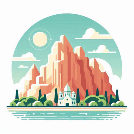 Vector illustration of a mountain with a church in the middle of the forestのイラスト素材