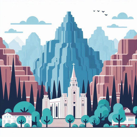 Landscape with church and mountains. Vector illustration in flat style.のイラスト素材
