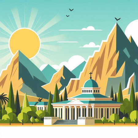 Landscape of the ancient temple in the mountains. Vector illustration.のイラスト素材