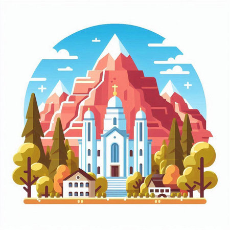 Church in the mountains. Vector illustration in flat style. The concept of travel and tourism.のイラスト素材