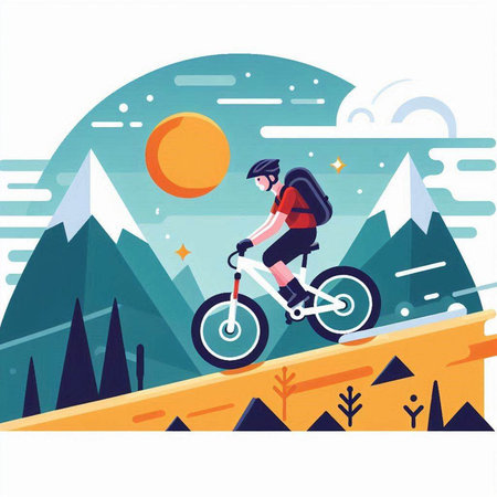 Cyclist in the mountains. Flat vector illustration on white background.のイラスト素材