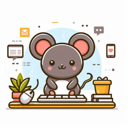 Cute cartoon mouse working at home. Vector flat design illustration.のイラスト素材