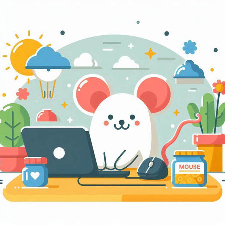 Cute mouse working on laptop. Vector illustration in flat style.のイラスト素材