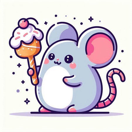 Cute cartoon mouse with ice cream in hand. Vector illustration.のイラスト素材