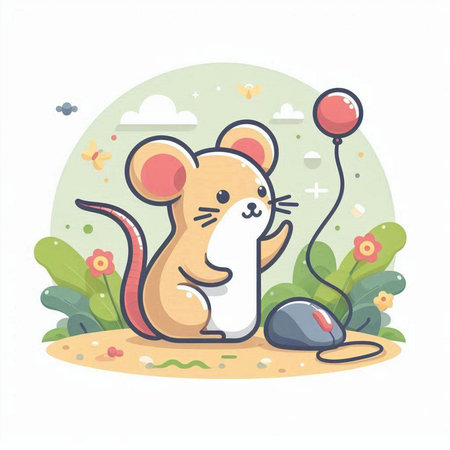 Cute mouse with mouse computer mouse. Vector illustration in cartoon style.のイラスト素材