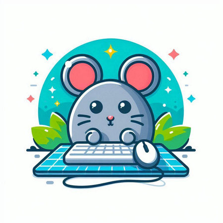 Cute mouse with keyboard on a white background. Vector illustration.のイラスト素材