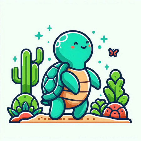 Cute cartoon turtle in desert with cactus. Vector flat illustrationのイラスト素材