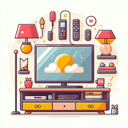 Living room with tv, sofa, coffee cup, TV set and other things. Vector illustrationのイラスト素材