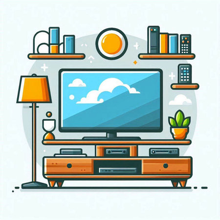 Living room with furniture, TV, bookshelf and lamp. Flat style vector illustration.のイラスト素材