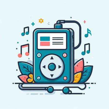 Music player with headphones. Vector illustration in flat linear style. Music concept.のイラスト素材