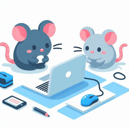 Mouse and laptop on a white background. Vector illustration in cartoon style.のイラスト素材