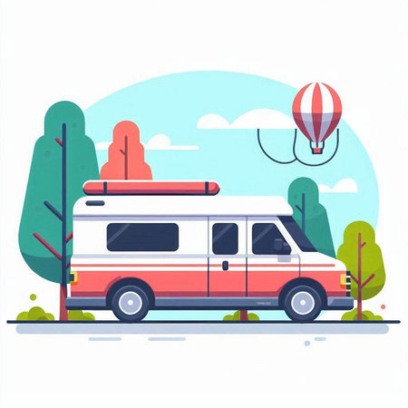 Camping van with hot air balloon in the sky. Vector illustrationのイラスト素材