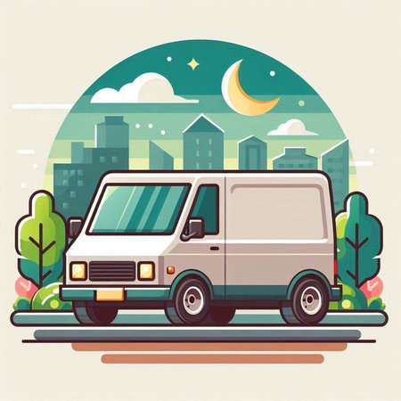 Van on the road. Vector illustration in flat style. City landscape.のイラスト素材