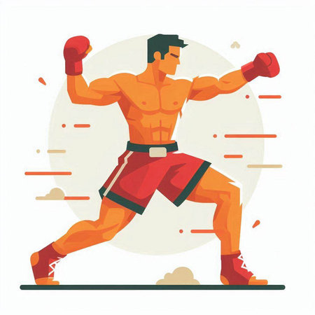 Vector illustration of a kickboxer in red boxing gloves. Boxer training.のイラスト素材