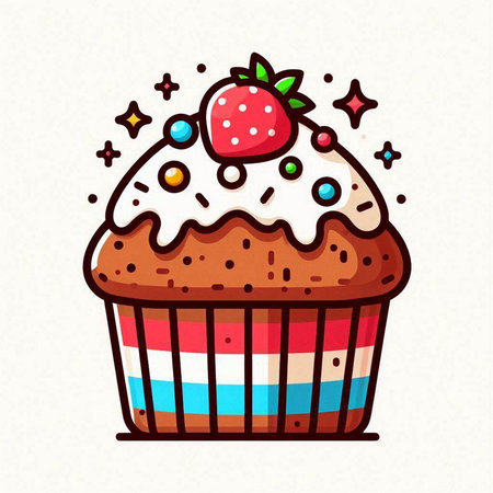 Cupcake with strawberry and sprinkles. Vector hand drawn illustration.のイラスト素材