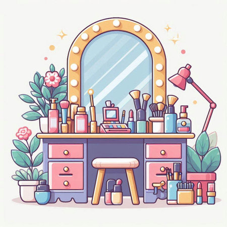 Cosmetics and make-up room with mirror. Vector illustration.のイラスト素材