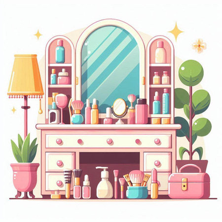 Vector illustration of a make-up room with mirror and cosmetics.のイラスト素材