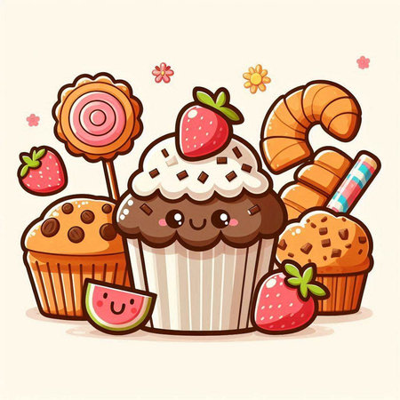 Cute cupcake with strawberry and sweets, vector cartoon illustration.のイラスト素材