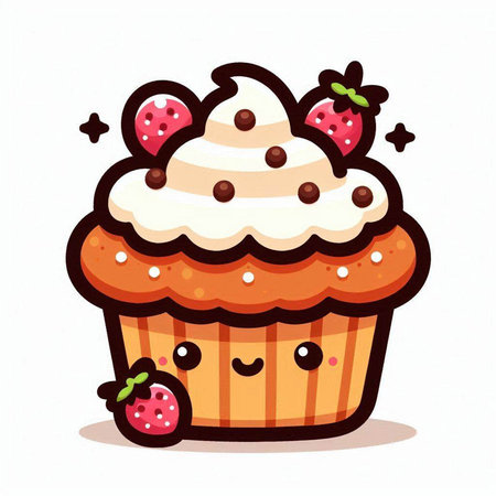 Cute cupcake with whipped cream and strawberries. Vector illustration.のイラスト素材