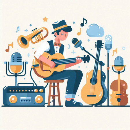 Musician playing guitar and singing. Vector illustration in flat style.のイラスト素材