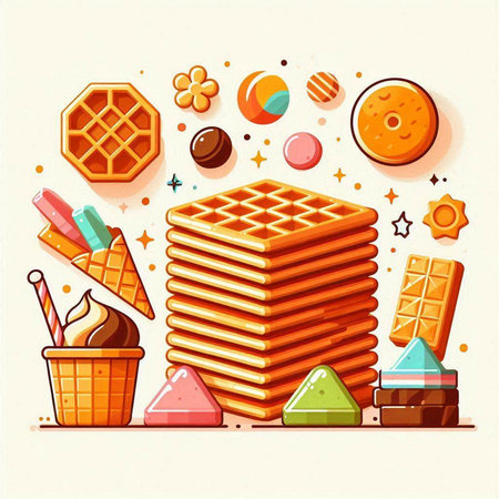 Vector illustration of sweet food, waffles, ice cream, waffles, chocolate.のイラスト素材
