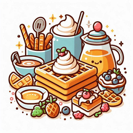 Vector illustration of a set of breakfast. Waffles, ice cream, coffee, jam, cookies, milk.のイラスト素材