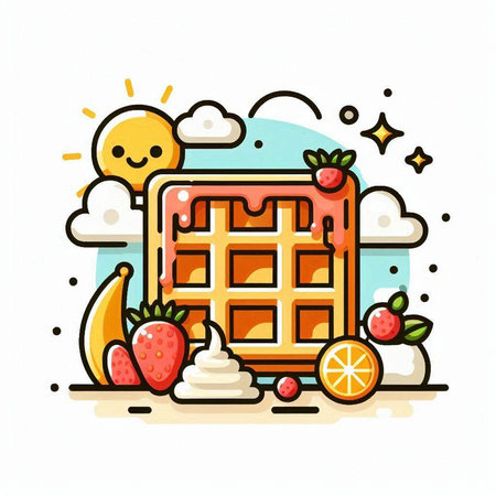 Vector illustration of waffle with fruits and whipped cream in flat style.のイラスト素材