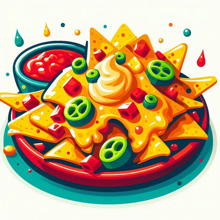 Nachos with cheese and tomato sauce. Vector illustration in cartoon style.のイラスト素材