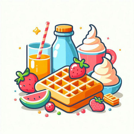 Vector illustration of a set of breakfast products: waffles, fruit, ice cream, smoothie.のイラスト素材
