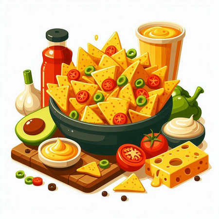 Mexican nachos with saucennaise, guacamole, cheese, chili pepper, olives and cherry tomatoes. Vector illustrationのイラスト素材