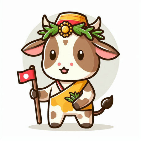 Cute cartoon cow wearing a straw hat and holding a flag.のイラスト素材