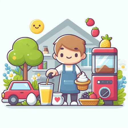 Vector illustration of a boy preparing a smoothie in the kitchen.のイラスト素材