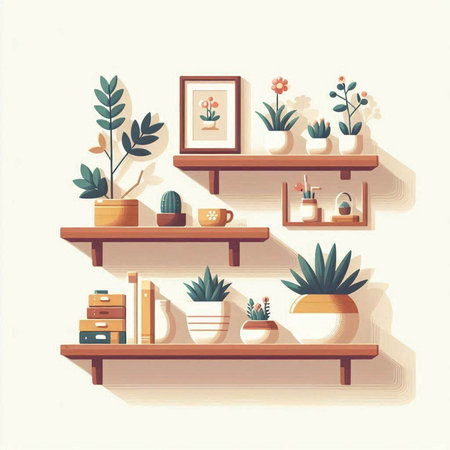 Wooden shelf with houseplants and pots. Vector illustration.のイラスト素材